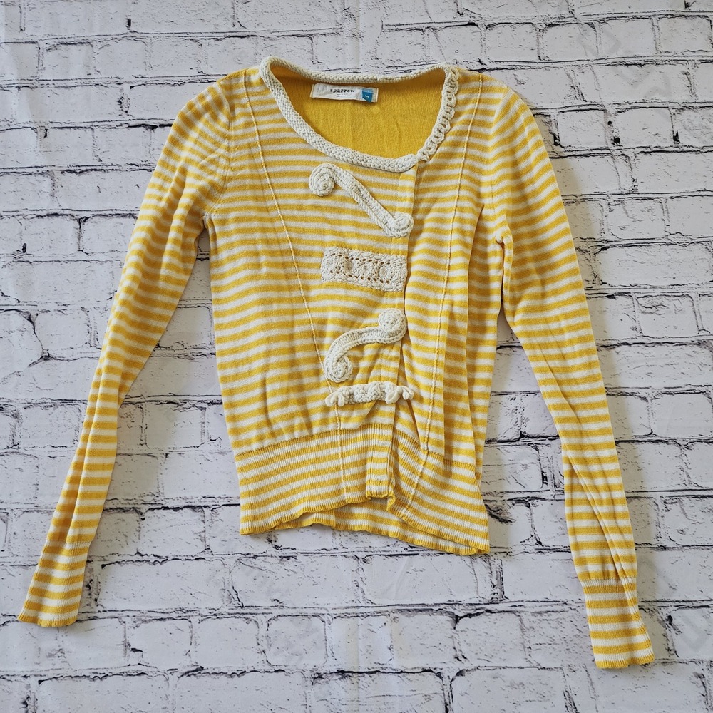Sparrow Anthropologie Yellow White Striped Crochet Frog Closure Cardigan Medium